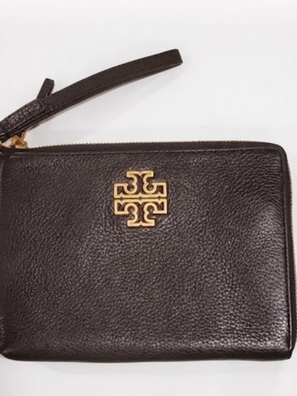 Tory Burch Black Leather Zip Wristlet with Gold Logo